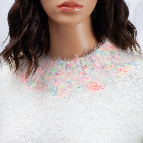 Free People Cream Multicolor Trim Cozy Knit Sweater, XS Slouchy Boho Pullover - Picture 3 of 6